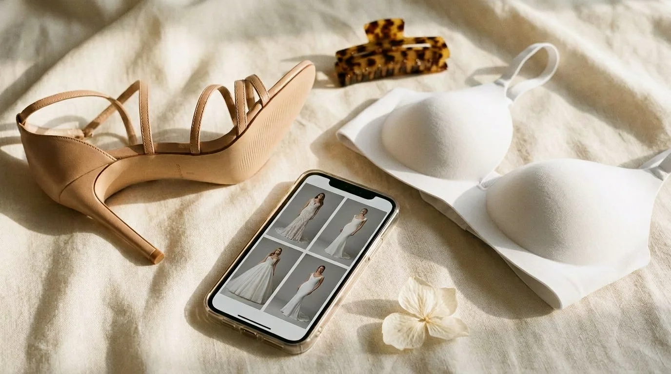 First fitting essentials — shoes, phone, and strapless bra
